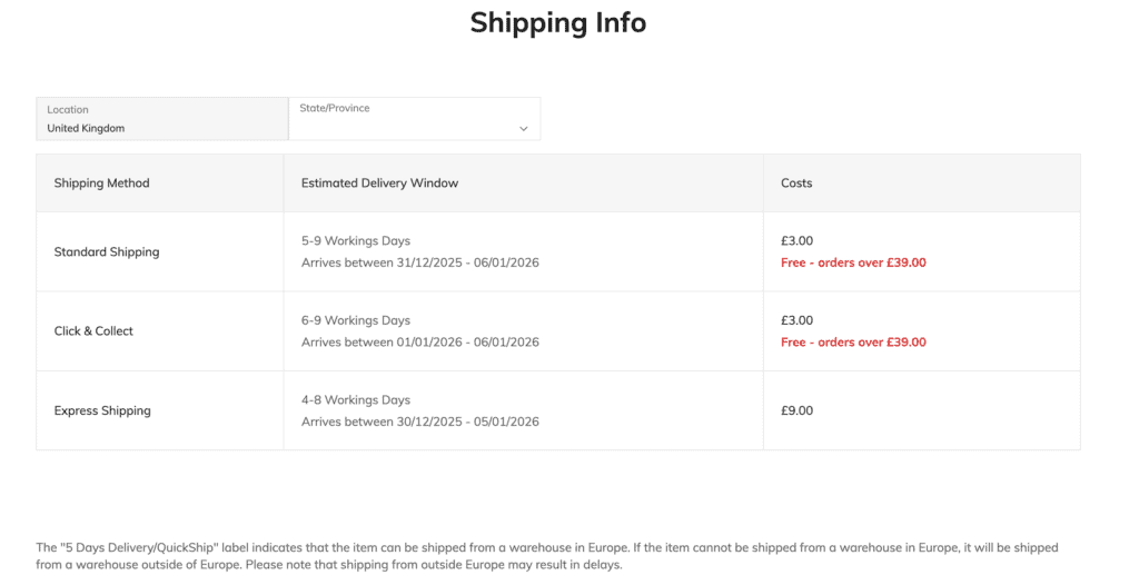 Shein shipping info UK
