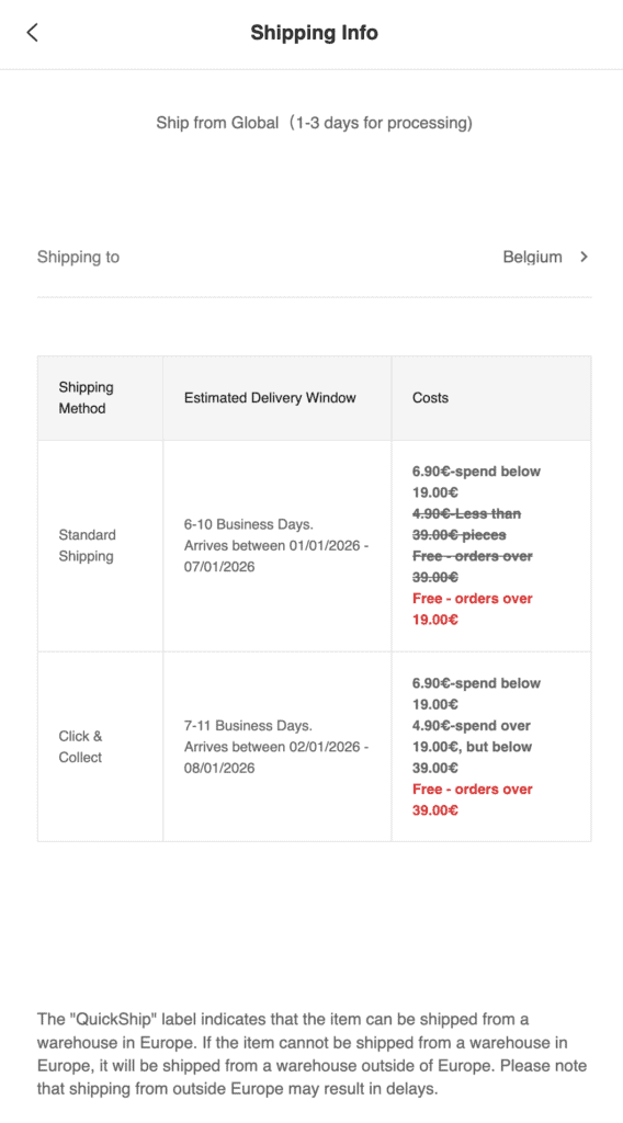 Shein shipping info Europe