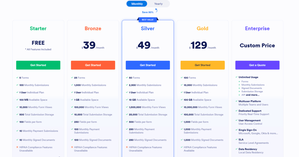 Jotform pricing with a free Starter plan and paid Bronze, Silver, and Gold tiers