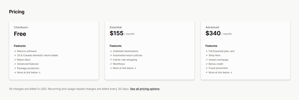Loop Returns and Exchanges pricing for the Essential and Advanced plans