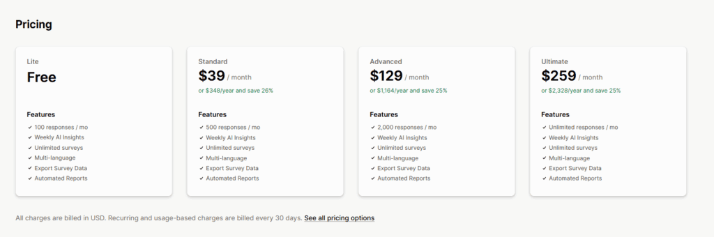Zigpoll customer survey pricing with a free Lite plan and paid tiers