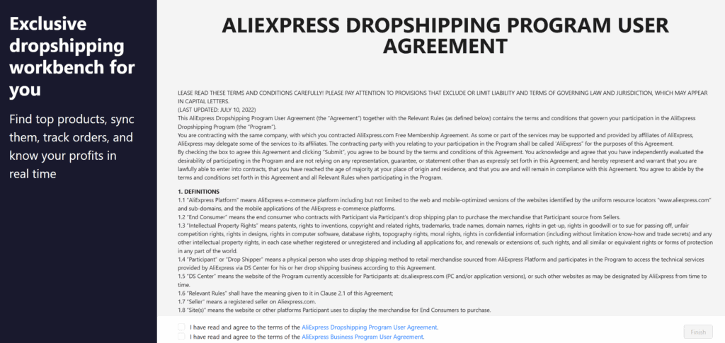 AliExpress Dropshipping Center agreement