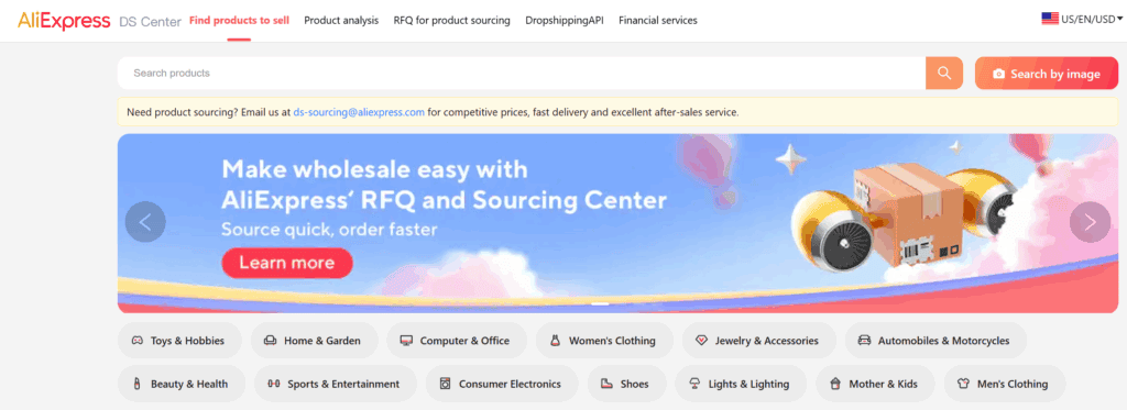 First page of the AliExpress Dropshipping Center