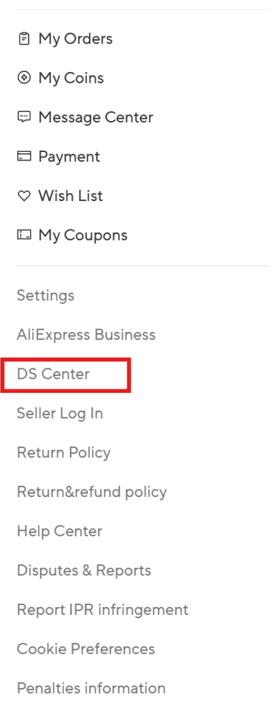 Accessing the AliExpress Dropshipping Center from the account menu