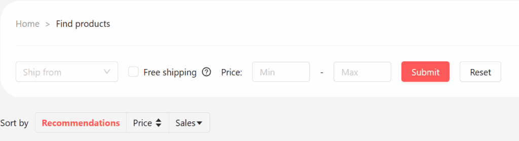 Sorting options at the AliExpress Dropshipping Center