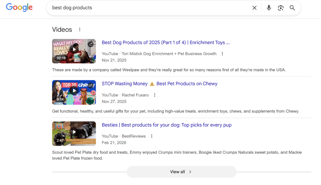 YouTube videos showing up in Google results