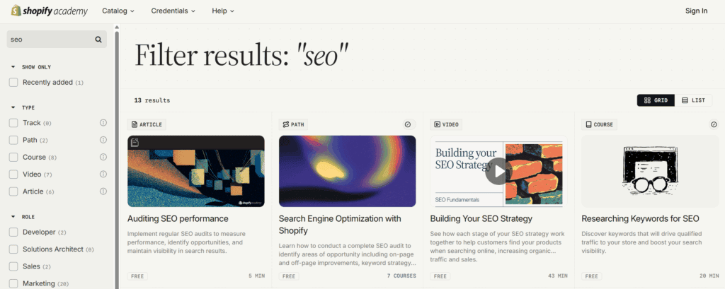 Free SEO courses and videos on Shopify Academy