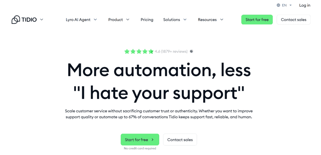 Homepage of Tidio