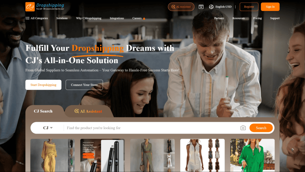 CJdropshipping homepage, an Oberlo alternative for sourcing and fulfillment