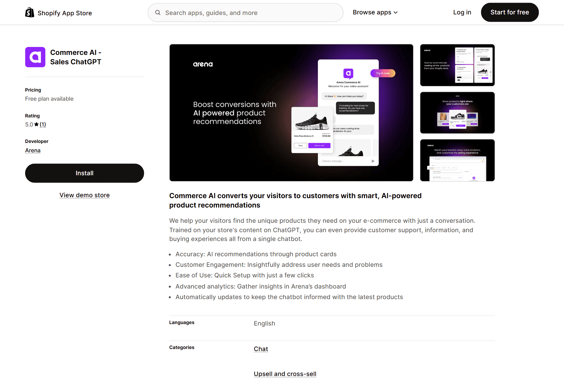 Commerce AI Shopify app store page