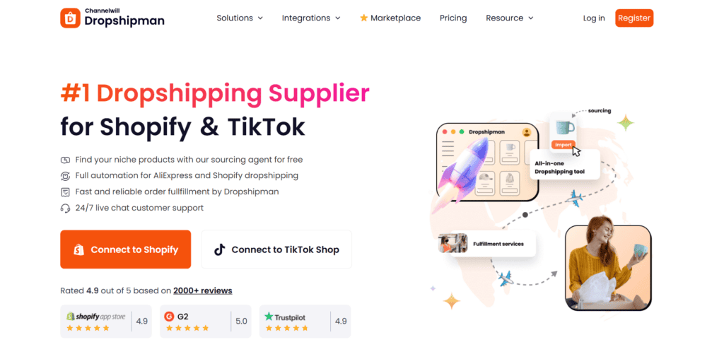 Dropshipman homepage, an Oberlo alternative sourcing from AliExpress, Temu, and Shein