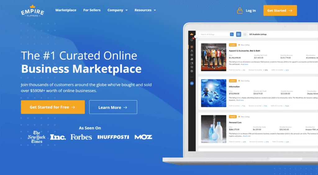 Empire Flippers homepage, a marketplace for established online businesses