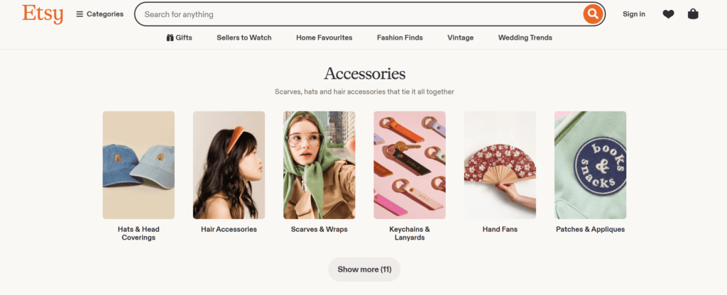 Homepage of Etsy