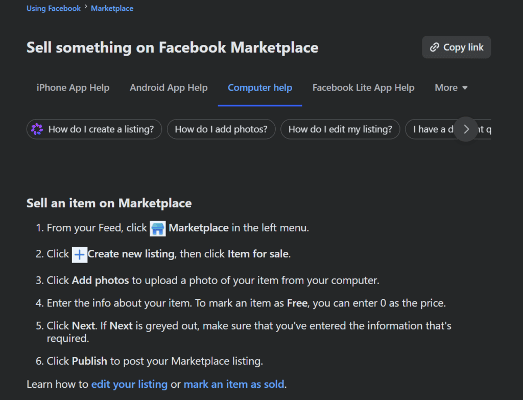 Selling on Facebook Marketplace help page