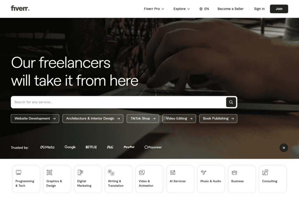 Fiverr homepage where freelancers offer dropshipping store building gigs