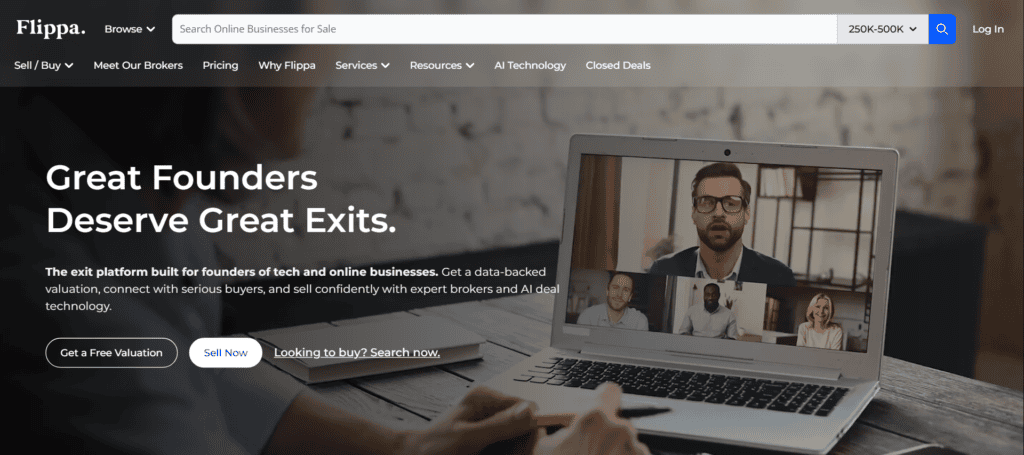 Flippa homepage, a marketplace to buy and sell online businesses