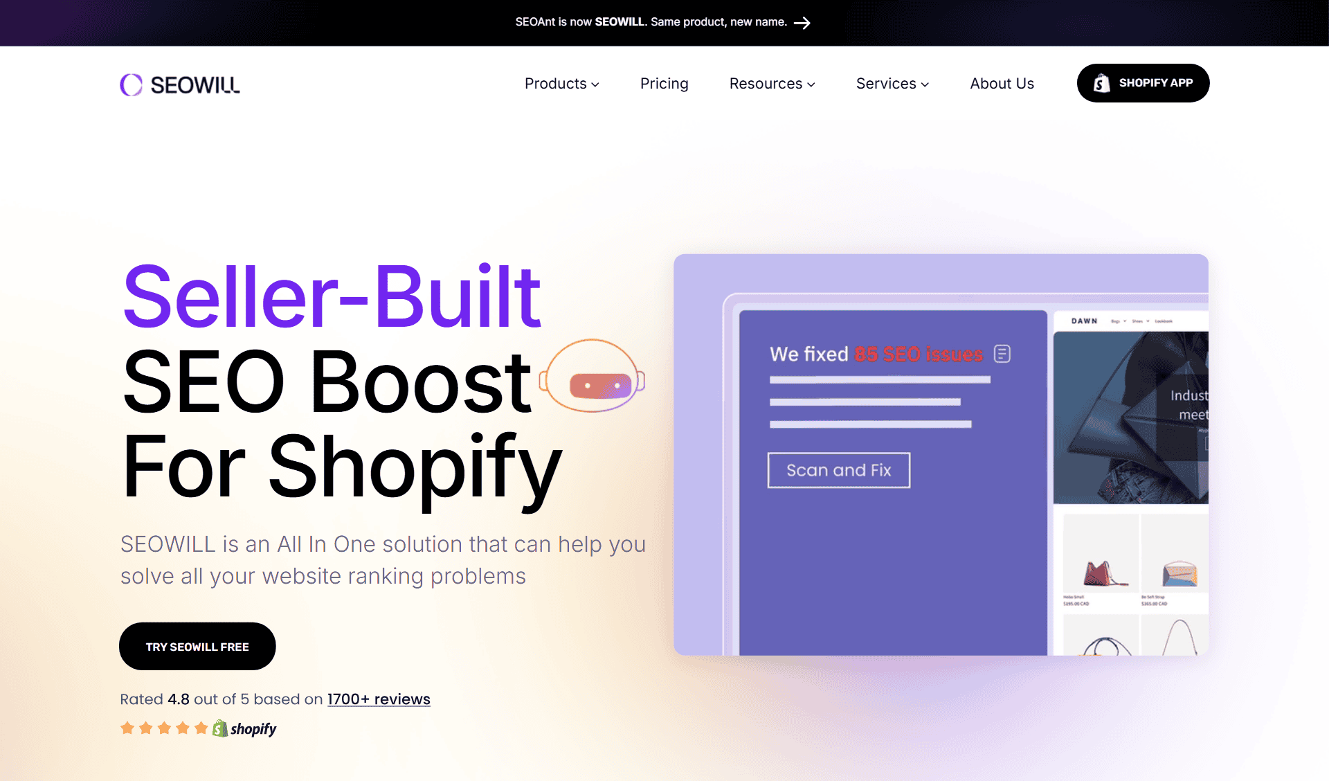 SEOWILL homepage AI SEO Shopify app