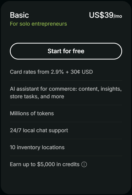 Shopify Basic pricing plan