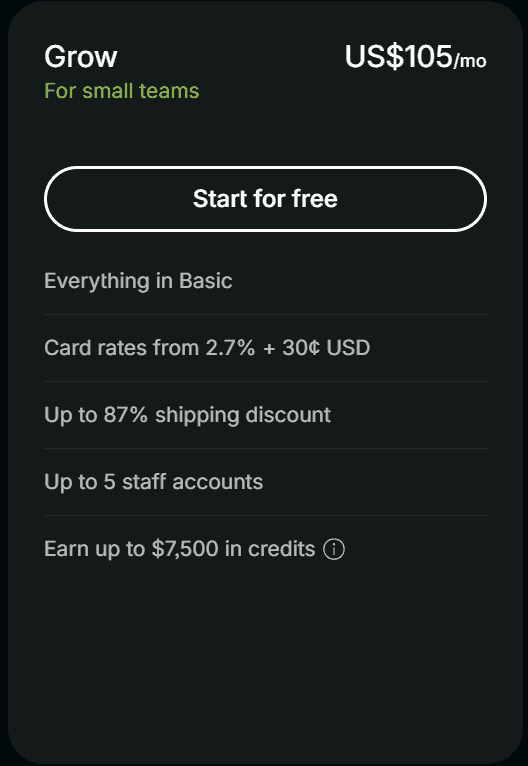 Screenshot of the Shopify Grow plan