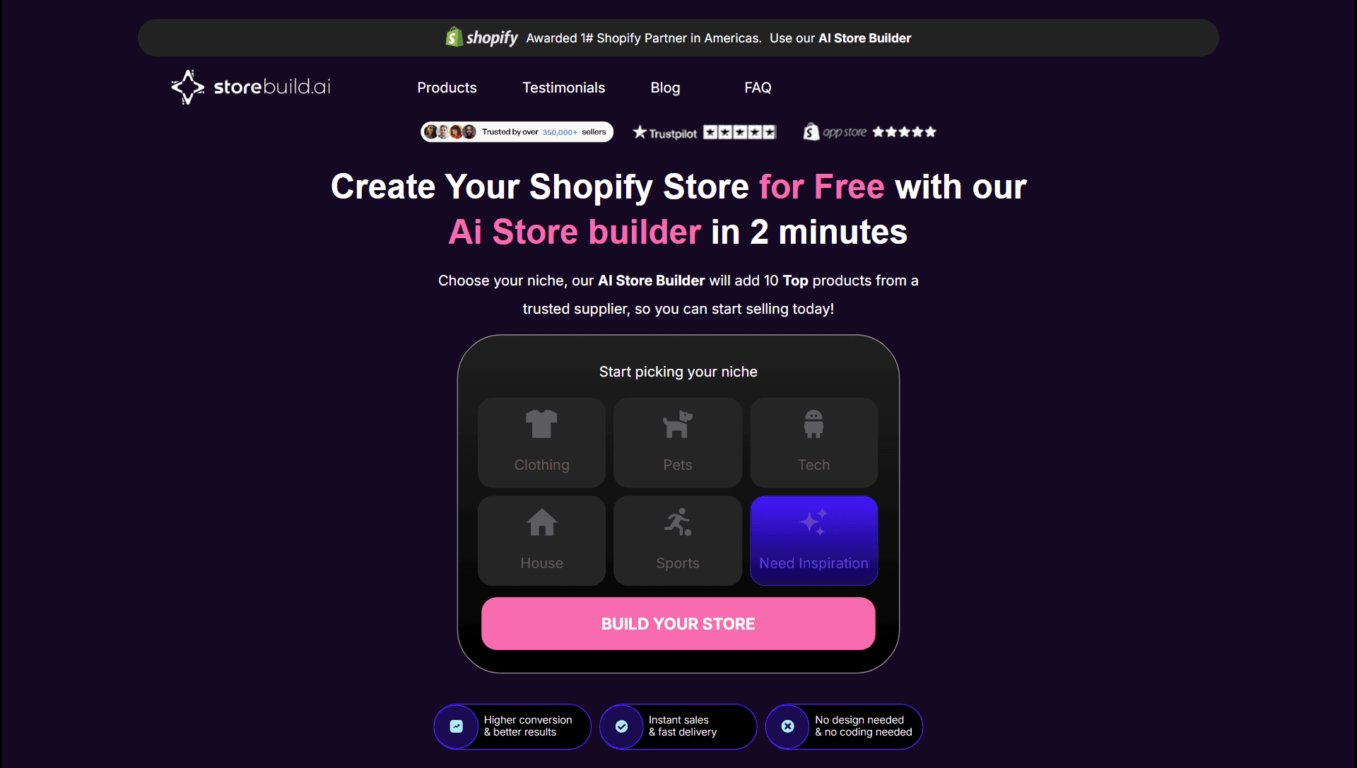 Storebuild.ai homepage AI Shopify store builder