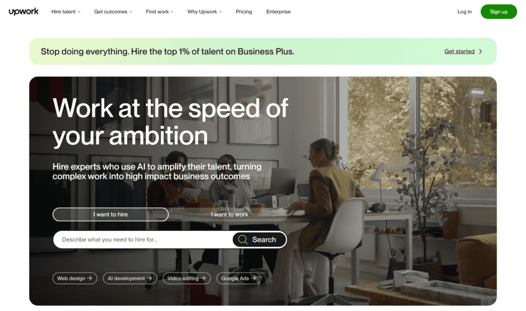 Upwork homepage where freelancers offer Shopify and dropshipping services