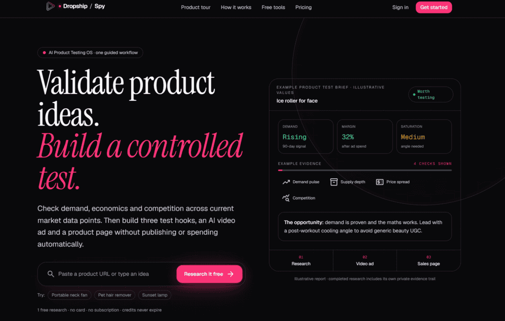 Homepage of Dropship Spy