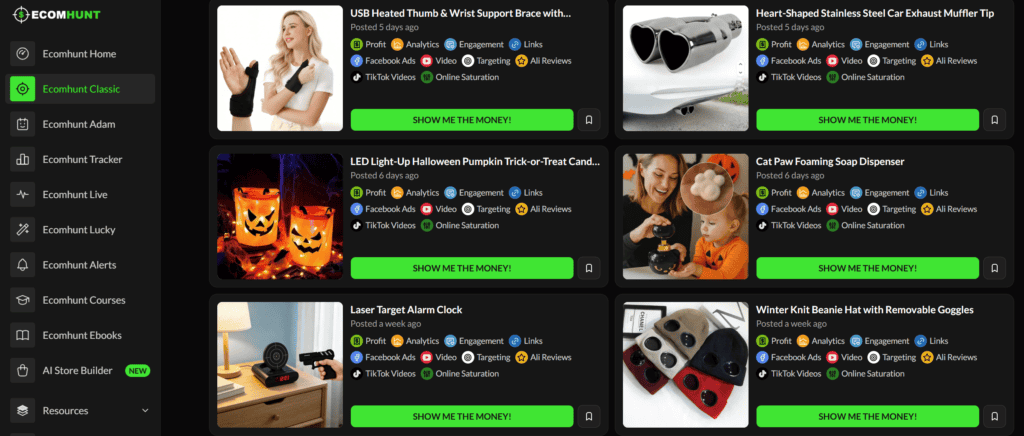 Dashboard of Ecomhunt