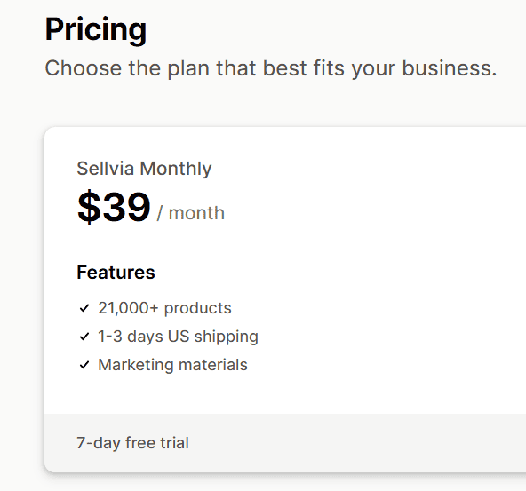 Sellvia shipping wording on its Shopify App Store listing