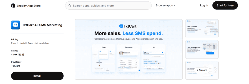 TxtCart Shopify App Store listing