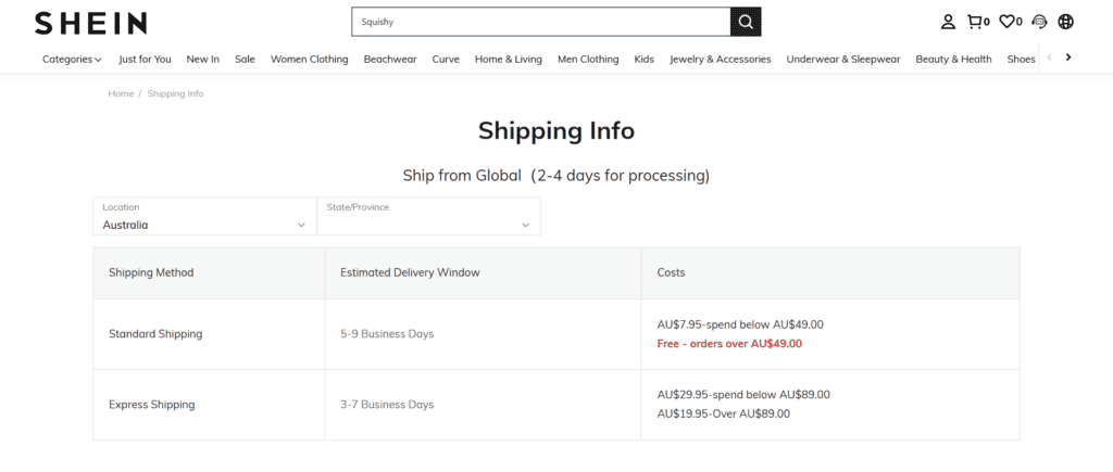Shein Australia shipping info page