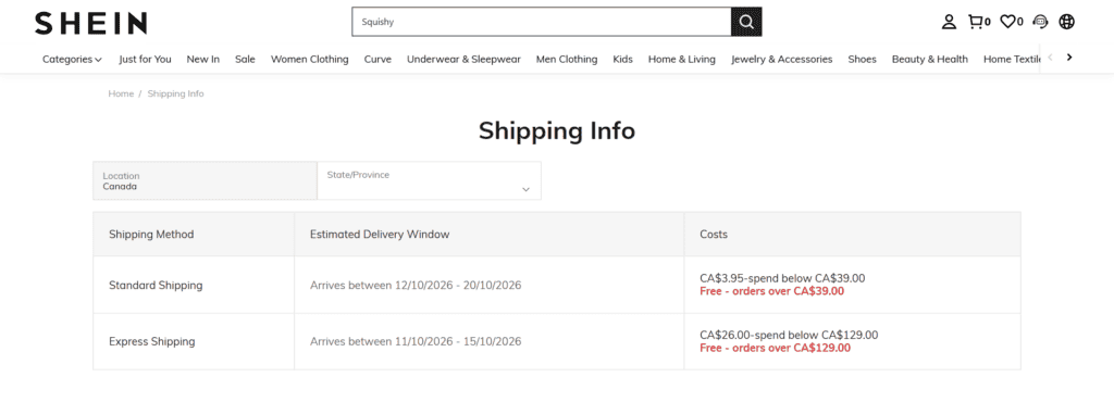 Shein Canada shipping info page