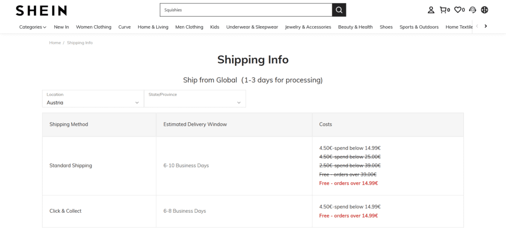 Shein EU shipping info page