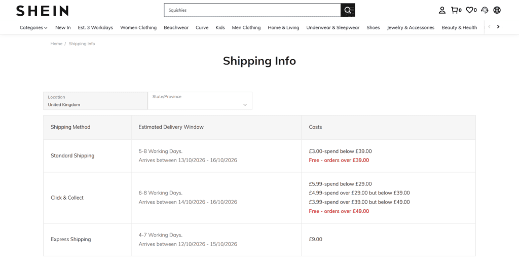 Shein UK shipping info page