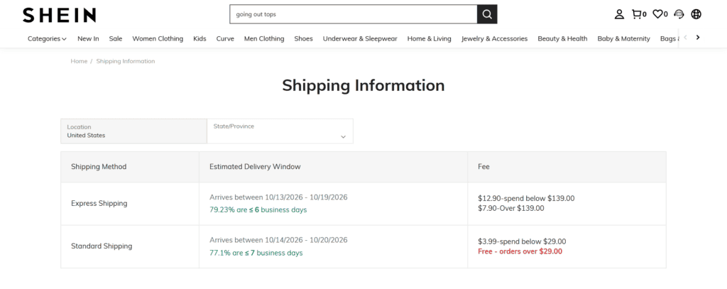 Shein US shipping info page